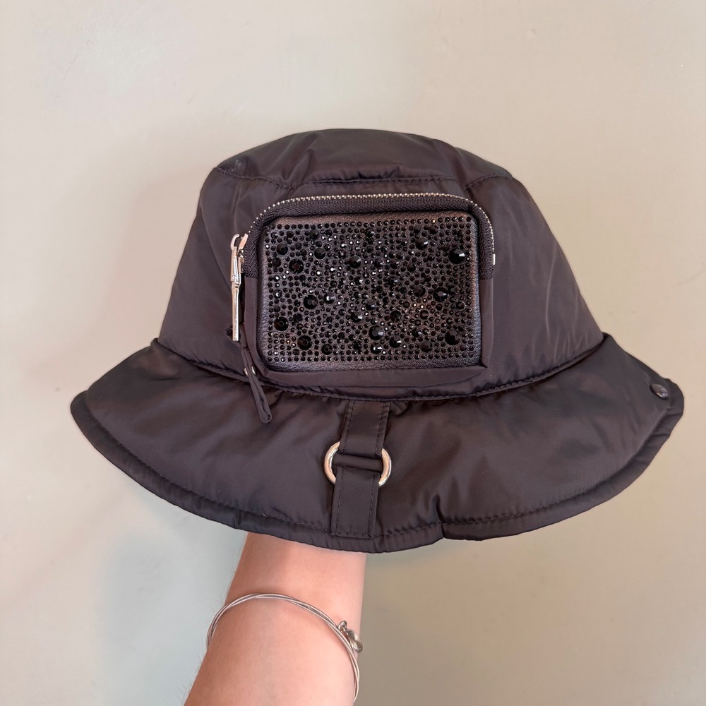 Madden NYC Black Padded Bucket Hat with Rhinestone Zipper Pocket One Size